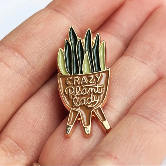 Potted Sansevieria Plant On A Stand “Crazy Plant Lady” Metal Enamel Pin Brooch - Picture 3 of 11